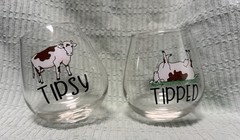 Set of 2 Clear Stemless Wine Glasses Cow Pattern «Tipsy» & «Tipped»