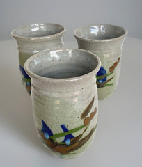 Set of 3 Studio Art Stoneware Pottery Tumblers/Glasses, 5-3/4″ Tall, Signed