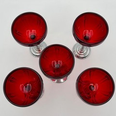 Vintage Morgantown Glass Ruby Red Art Deco Cocktail Glasses Chrome Base Set /5