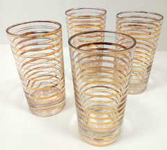 Set of 4 Vintage Federal Glass Tumblers Clear Gold Striped Drinking Glass