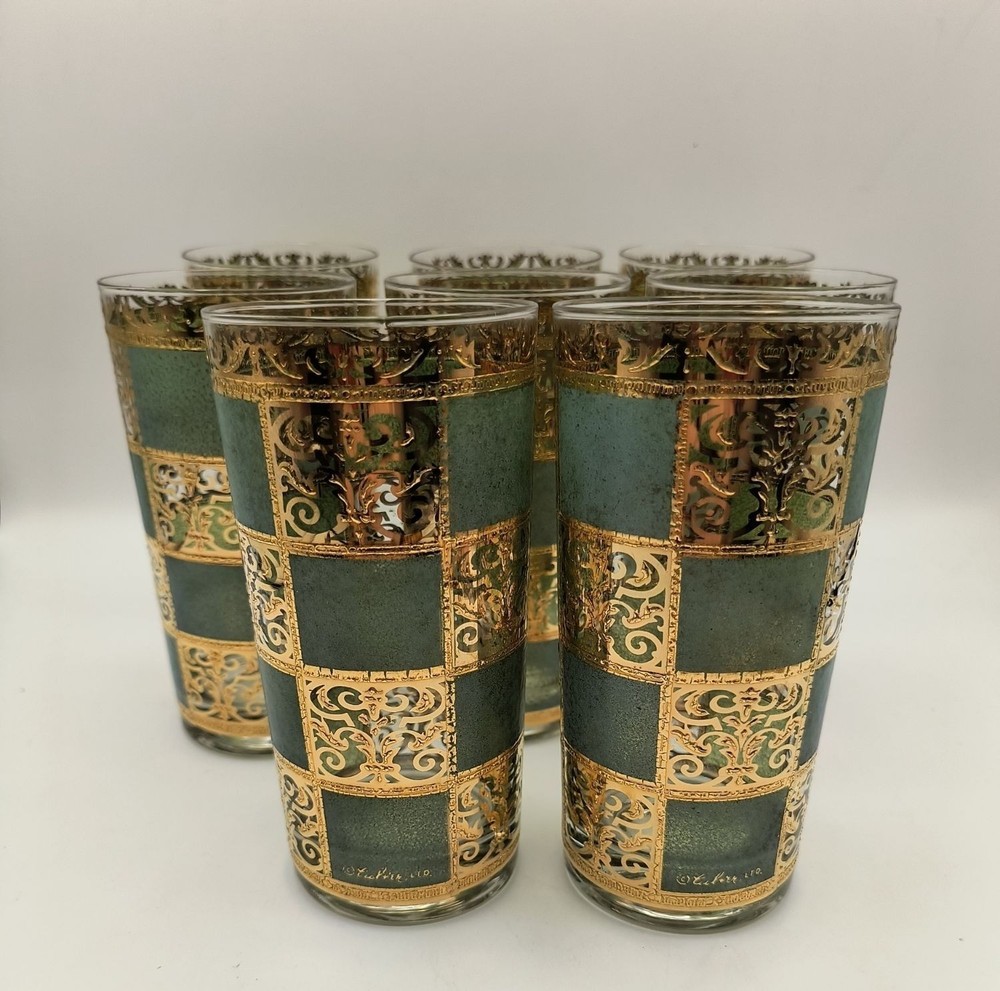 Culver Turquoise & Raised Gold 22K Tumblers Prado Design Signed Set Of 6 Vintage