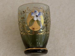 Vtg Venetian Green Decanter 6 Cordial Glasses 24K Gold trim Hand painted Flowers