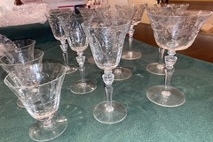 Set of 10 Vintage Etched Floral Crystal Goblets 6.5 inches tall