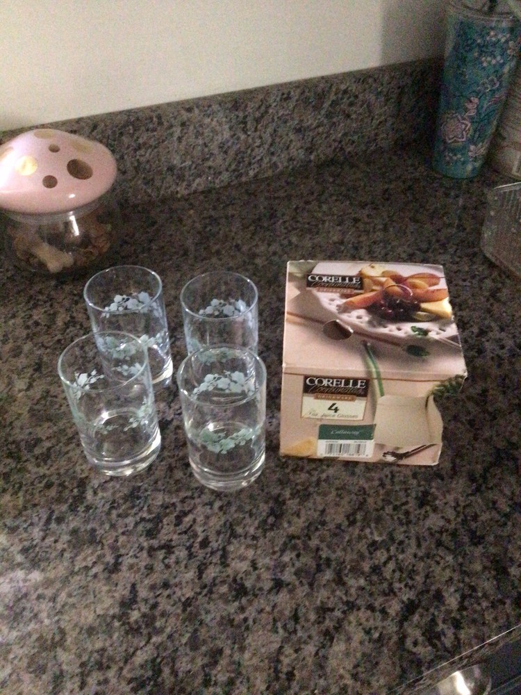 4 Corelle Callaway Clear Glass Green Ivy 6oz Glassware Juice Corning Ware 4″ USA