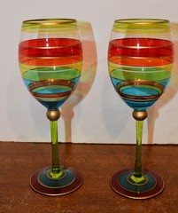 Festive Stripe Tall Stemmed Wine Glasses Goblets 9″ Gold Rim Hand Painted