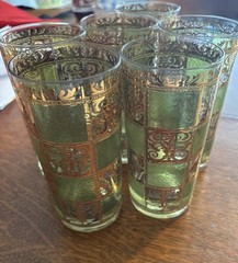 6 Vintage Culver Signed Green & Gold Prado Highball Cocktail Glasses