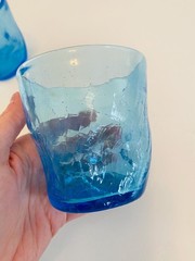 Vintage Blue Crackle Glass Indent Pinched Mid Century Art Glass Tumbler Set of 2