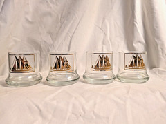 Vtg 4 Cera Schooner Sail Ship 22kt Gold Old Fashioned Rocks Glass Heavy Bottom