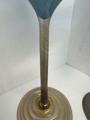 Set 2 Hand Blown Studio Art Wine Glasses Blue Iridescent w/ Twisted Cane Stems