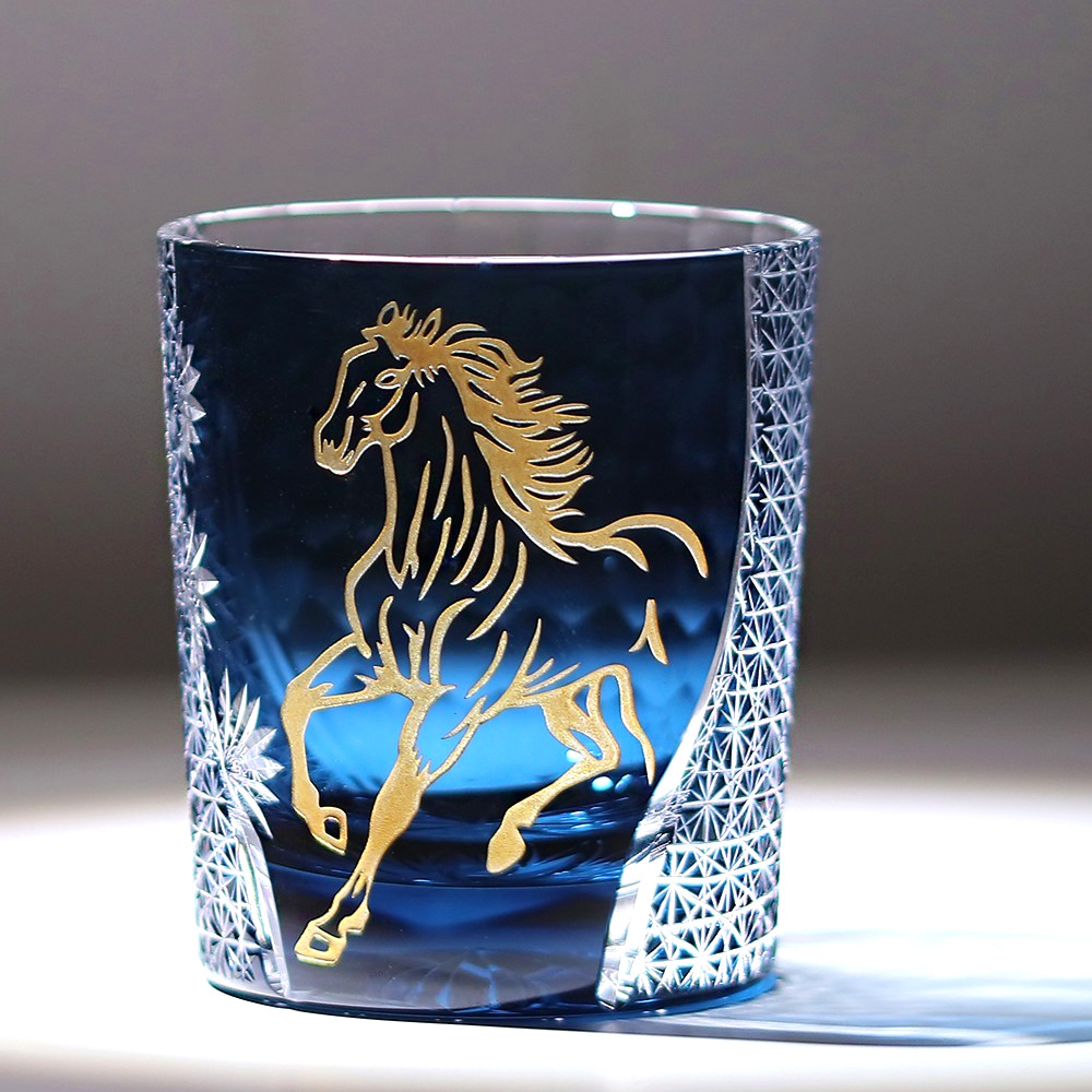 Original Gold Horse Pattern Whisky Glass 250ml Tumbler Ink Blue Gift Pack