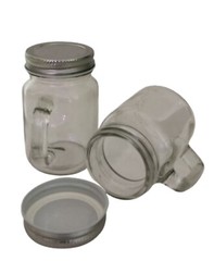 Set of 2 Mini Me Glass Mason Jar Mugs Clear with Handles / screw on Lid H = 3 in
