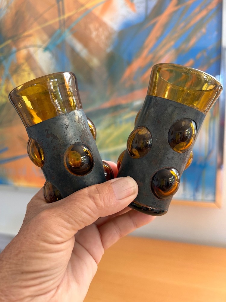 Pair Small MCM Felipe Derflingher Shot Glasses Brutalist Hand-Blown Caged