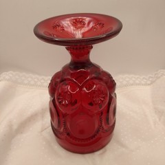 Vintage L.G. Wright Red Glass Water Goblet Pedestal Stars Thumbprint Thick 6″