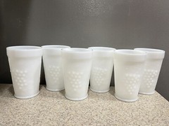 6 Vtg Milk Glass Grape Vine Leaf 4.75” Drinking Glasses Embossed Tumbler EUC