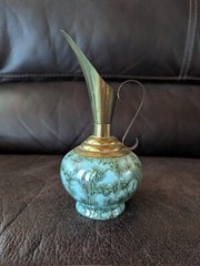 Vintage Delft Holland Brass and Marbled Robin Blue Hand Painted Pitcher Vase