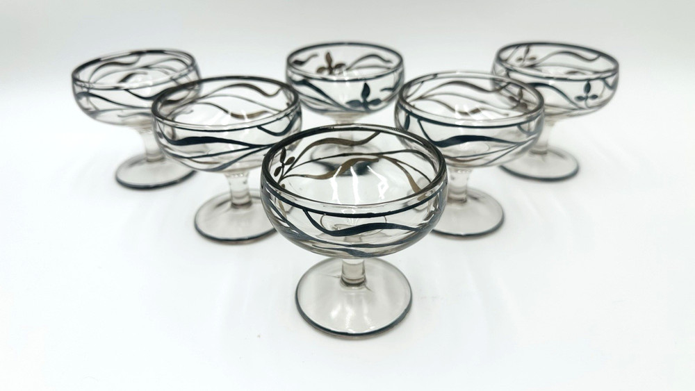 Vintage Art Deco Set Of 6 Clear Glass Silver Overlay Dessert Champagne Glasses