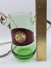 Vntg Blown Green Glass Leather Hands Free Cocktail Beer Tumbler Lanyard w/Image