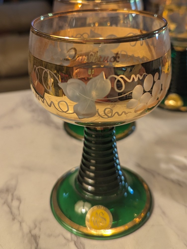 4 – Vintage German Wing Glasses. Coiled green Beehive/ Go Trimmed Grape Motifs