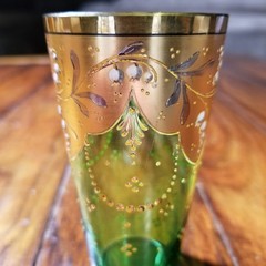 Vintage Set Of 4 Emerald Green Gold Gilt Enamel Glass Tumblers GIL