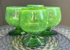 4 CRATE & BARREL Handblown Apple Green Glass Goblets Brandy Snifters Mexico