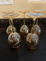 Italian Wine Glasses Cristal Mode Iridescent Amber Gold Rose Gold Trim RARE READ