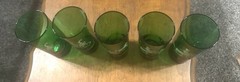 5 ANCHOR HOCKING GREEN DRINKING GLASSES TUMBLERS TRANSPORTATION SCENES 6.5” H