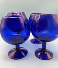 Cobalt Blue Vtg Hand Blown Glass Sniffers Goblets Set of 4 Unique OOAK