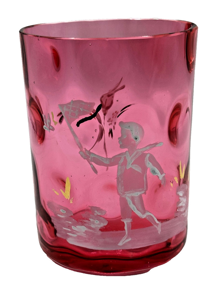 Fenton Glass Mary Gregory Coin Dot Spot Thumbprint Cranberry Tumbler Hand Paint