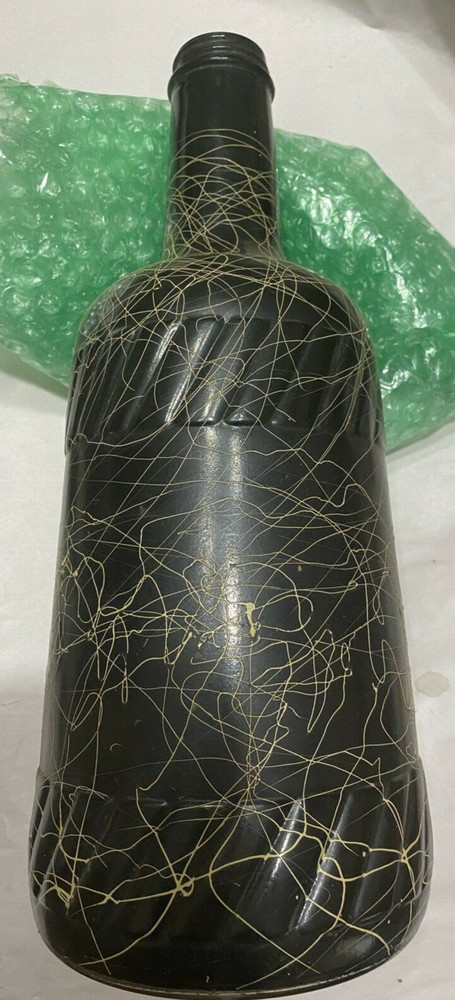 Mid-Century Black Glass Tan Spaghetti String Drizzle Bottle 12″