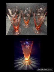 Rare 1930’s TIFFEN Pink Panel Optic Elegant Glass Footed Tumbler Etched GLOWS 6”
