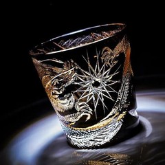 Premium Edo Kiriko Crystal Whiskey Tumbler Hand-Carved Black Dragon Rocks Glass