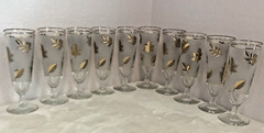 Libbey Golden Foliage (Frosted Gold Leaf) Footed Pilsner MCM Glasses Set of 10