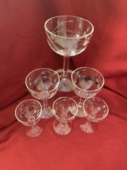 Vintage Etched Crystal Wine/Cordial Glasses Floral Vine 4.25” Stemware Set 6 EUC