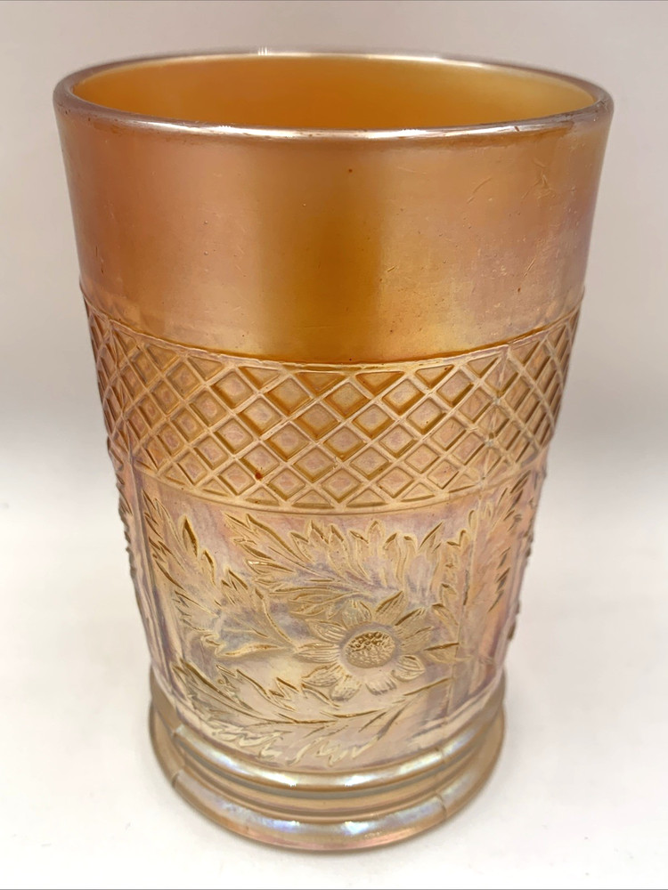 Dugan Marigold Carnival Glass Lattice & Daisy Tumbler