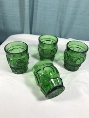 4 Wheaton Bullseye Emerald Green Cocktail Rocks Glasses Starburst Bottom Vintage
