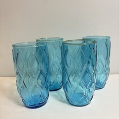 4 Quilted Diamond Madrid Tumblers Anchor Hocking 12oz Glass Vintage Aqua Blue 5”