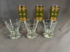 SET OF 3 Vintage MCM Starlyte Cordial Glasses Gold & Green + 3 Clear Etched