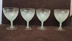 4 Blue Frosted Glass Stemware Glasses Hand Painted Butterflies Mid Century Style