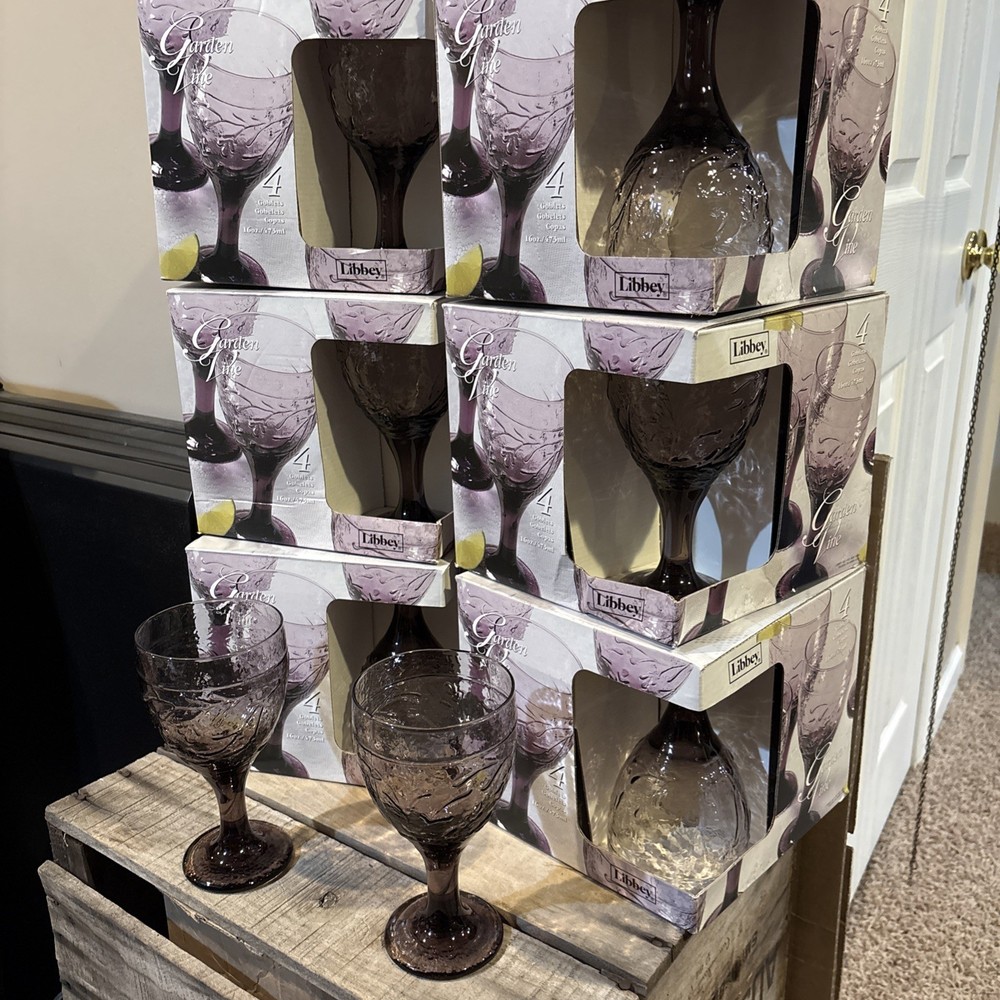 Vintage Libbey Purple Etched Garden Vine 7” Goblets Wedding Decor 26 Total Pcs