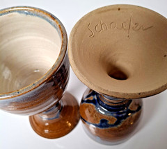 Pair signed Schaefer studio pottery goblets, brown blue, medium size