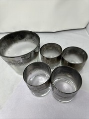 Vintage MCM Queen’s Lustreware 4 Lowball Glasses & Ice Bucket Silver Fade