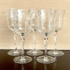 Vintage 1950s Etched Cut Crystal Wine Glasses Floral Lattice Handblown Set of 5