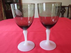 Set 3 Napco Japan Smoke Bowl Etched Wheat Water Goblets w/Milk Glass Foot 6 5/8″