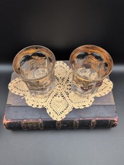 PAIR 1911 Antique Indiana Glass Paneled Strawberry Tumblers Gold Trim 8 oz Key