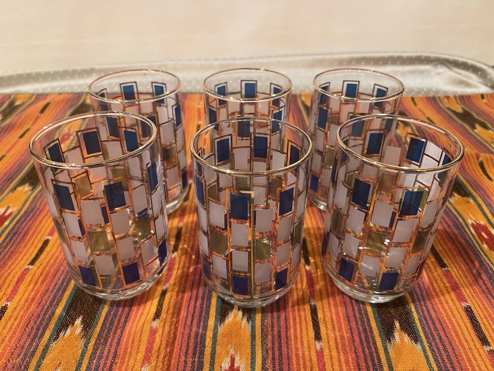 Vintage Libbey Drinking Glasses. Blue, Green and White Tile / Gold Trim. 4 5/8”