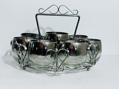 Set Of 8 Silver Rimmed Rolly Poly Glasses In A Round Caddy Vintage Barware MCM