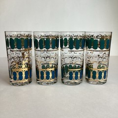 Vintage Set 4 CULVER Azure Blue Scroll Highball Glasses 22k Gold Mid Century