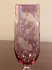 Romanian Etched Butterflies Ladybugs Dragonflies Amethyst CHAMPAGNE Glasses 6 PC