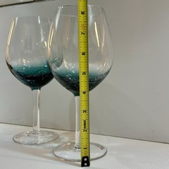 Pier 1 Teal Blue Crackle Red Wine Glasses Hand Blown 18oz 8.75” Set of 2 HTF EXC