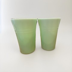 VTG 2 Jadeite Opaque Green Glass Tumbler Smooth Glossy Finish 3 Bands Estate!